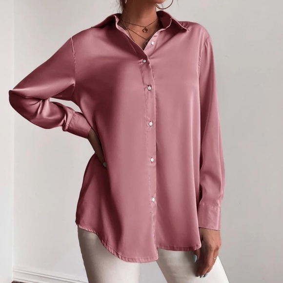 Satin silky button up collared shirt dusty pink - Picture 2 of 12